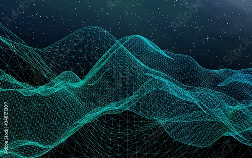 Abstract landscape on a dark background. Cyberspace grid. hi tech network. Outer space. Starry outer space texture. 3D illustration