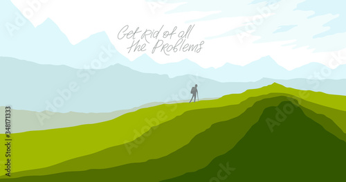 Beautiful scenic nature landscape with traveler pilgrim vector illustration summer or spring season with grasslands meadows hills and mountains, hiking traveling trip to the countryside concept. photo