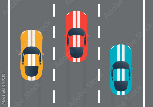 Racing cars on the rally track. Top view. Sport vehicles on the road. Vector illustration.