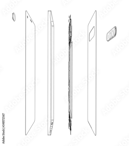 Disassembled smartphone concept outline. Vector