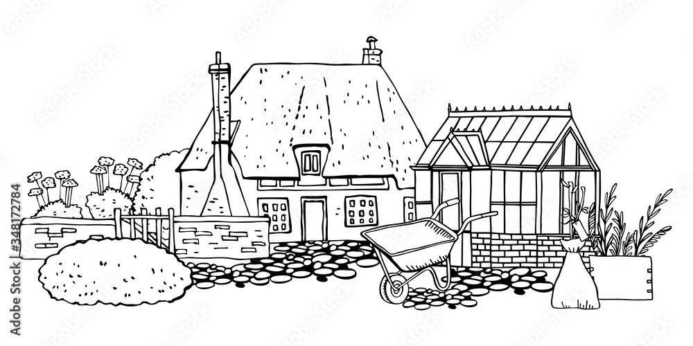 Landscape with old village house, garden, greenhouse and tools. Hand drawn outline vector sketch illustration