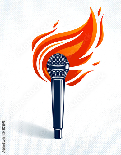 Microphone on fire, hot mic in flames, rap battle rhymes music, karaoke singing or standup comedy, vector logo or illustration, concert festival or night club label, t-shirt print.
