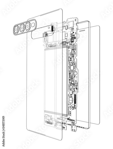 Disassembled smartphone concept outline. Vector