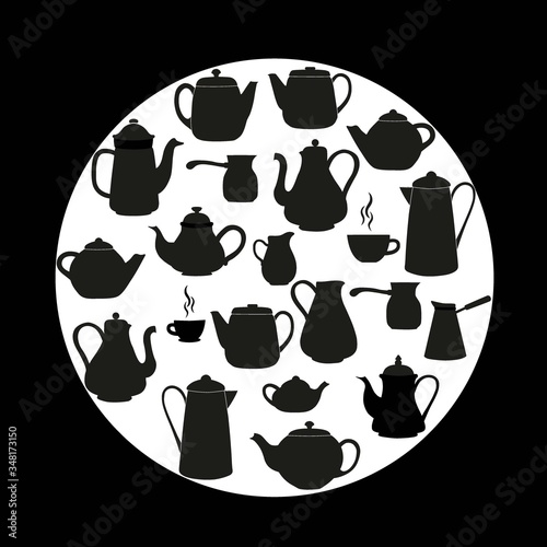 Set of different sketch teapots.  Black and white illustration