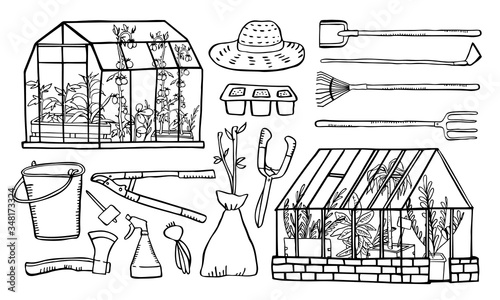 Set with two greenhouses and plants inside, gardening tools and seedings. Hand drawn outline vector sketch illustration