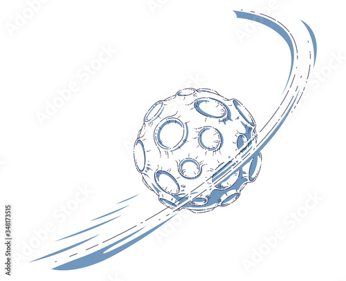 Small cartoon vector fantastic planet with craters from asteroid and meteorite rains fall. Thin line 3d vector illustration isolated on white background.