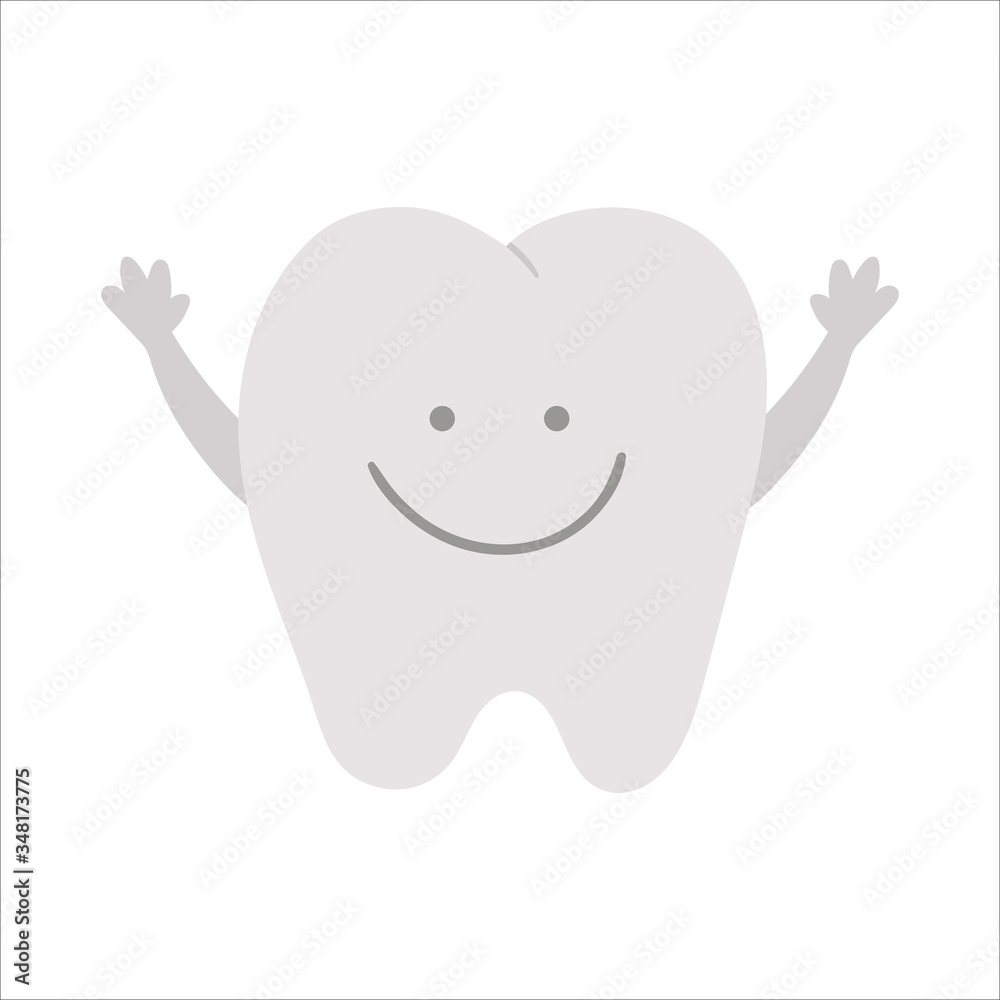 Cute kawaii tooth with hands up. Vector teeth icon for children design. Funny dental care picture for kids. Dentist baby clinic clipart with mouth hygiene concept on white background.. Cute kawaii tooth with hands up. Vector teeth icon for children design. Funny dental care picture for kids. Dentist baby clinic clipart with mouth hygiene concept on white background..