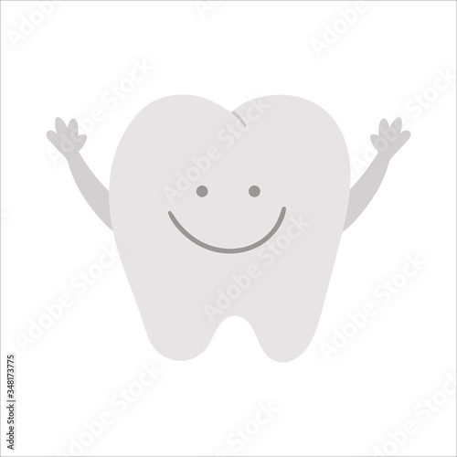 Cute kawaii tooth with hands up. Vector teeth icon for children design. Funny dental care picture for kids. Dentist baby clinic clipart with mouth hygiene concept on white background..