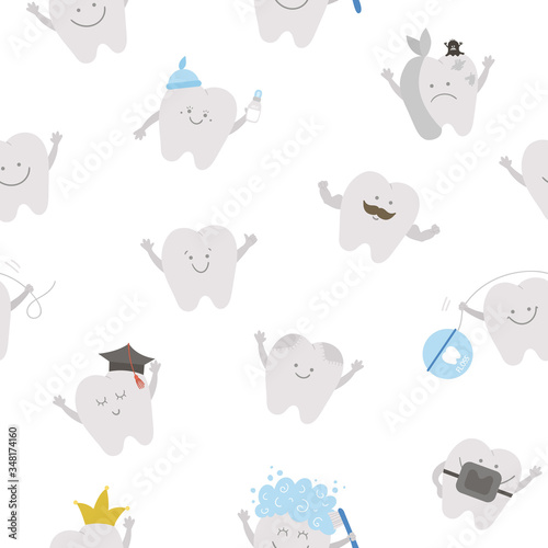 Seamless pattern with cute kawaii teeth. Vector background with tooth icons for children design. Funny dental care digital paper for kids. Dentist baby clinic texture with mouth hygiene concept.