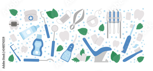 Vector horizontal layout frame with tooth care tools. Card template with elements for cleaning teeth. Dentistry equipment banner isolated on white background. Dentist icons set.