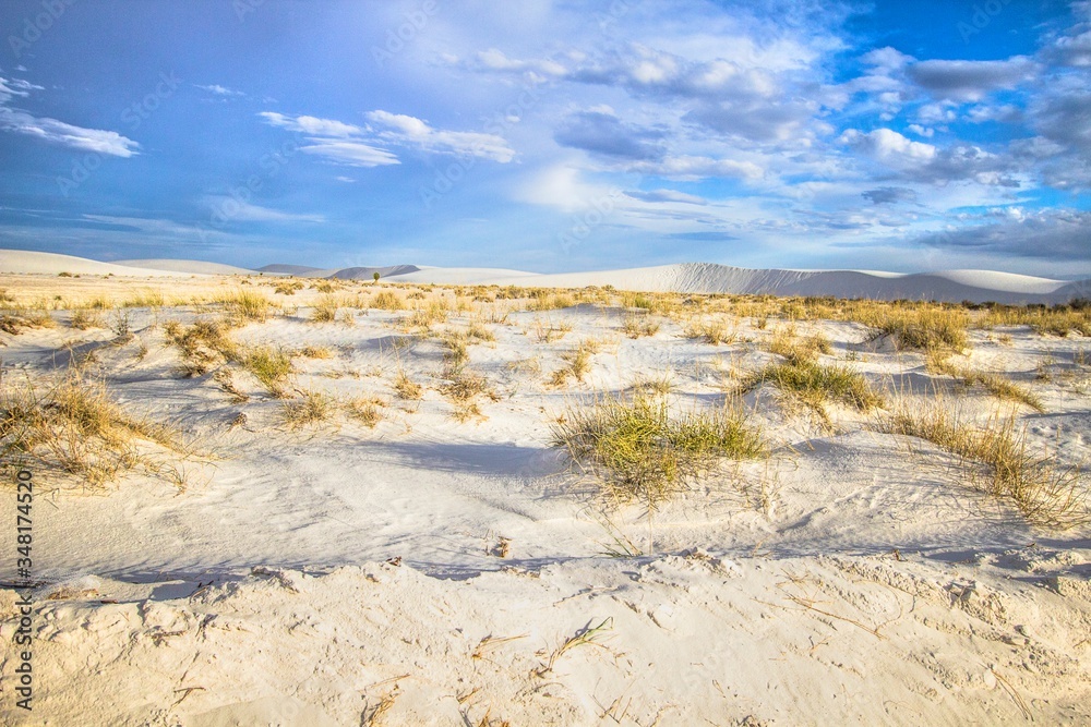 Sunny Desert Background. Vast desert landscape under sunny blue sky at the White Sands National Monument in Alamogordo, New Mexico.