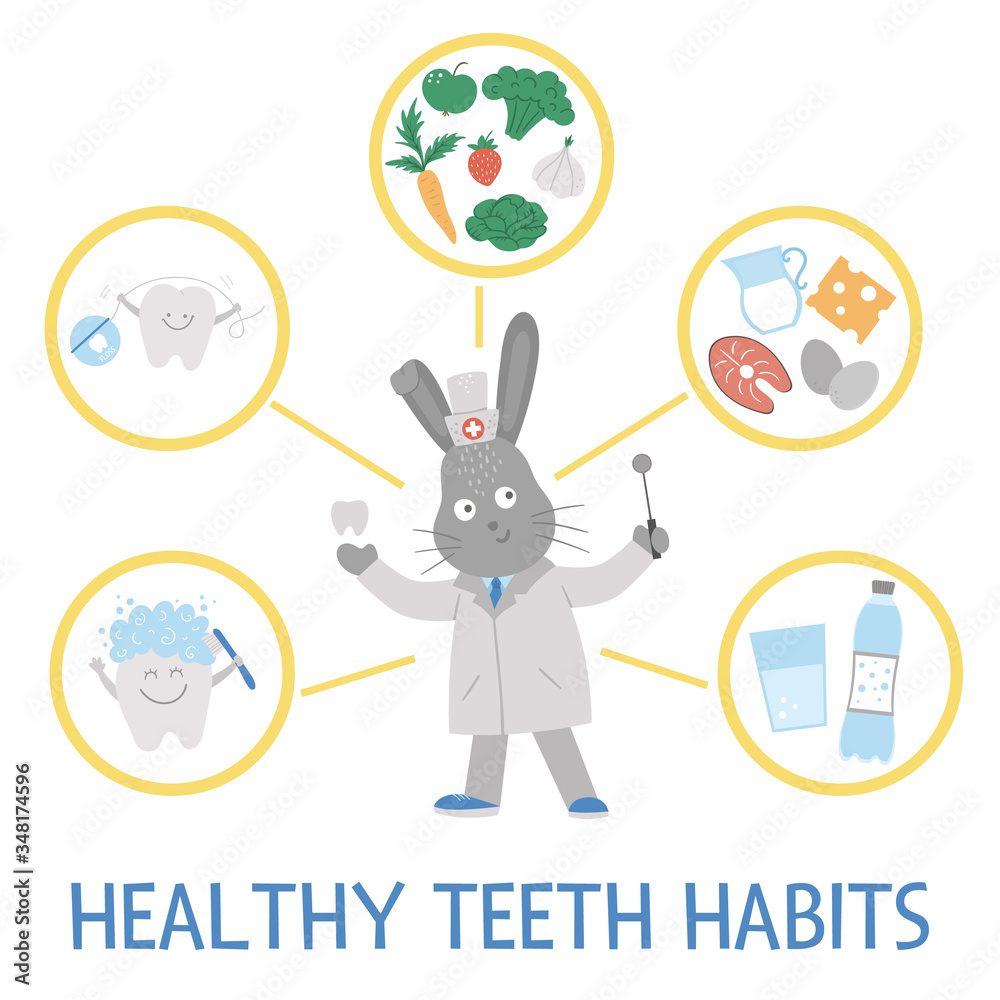 Healthy teeth habits illustration. Cute dentist infographics for kids ...