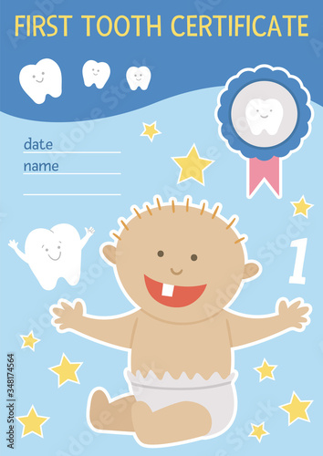 First tooth certificate. Cute vector document for kids. Funny card template with cute smiling baby in diaper. Dental care picture for children. Dentist baby clinic clipart.