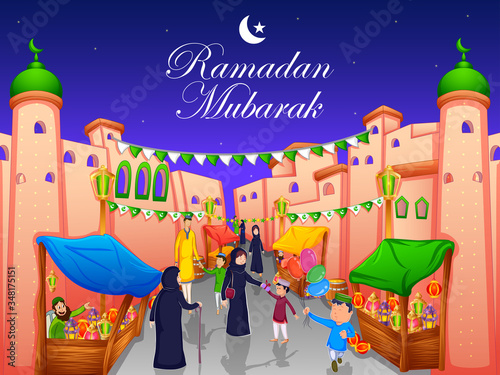 Happy muslim family celebrating Eid holiday on Ramadan in vector