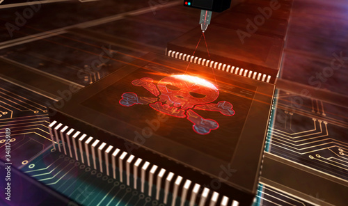 Processor factory with laser burning of cyber crime and skull symbols illustration