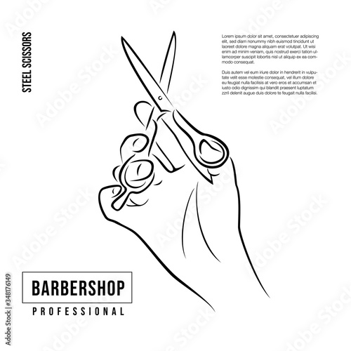 Hand holds professional scissors for haircuts. Drawing for a hairdresser