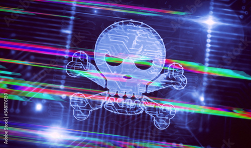 Processor factory with laser burning of cyber crime and skull symbols illustration