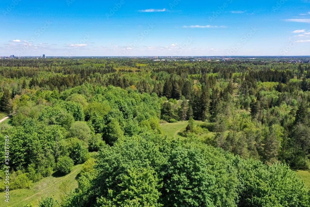 Drone aerial photography of a forest in Munich in spring. Bird view from above the Perlacher Forst, pine forest near to the German Alps Drone aerial photography of a forest in Munich in spring. Bird view from above the Perlacher Forst, pine forest near to the German Alps