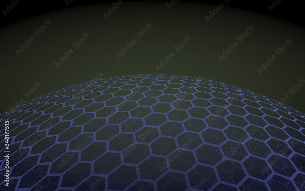 Fototapeta premium Multilayer sphere of honeycombs, blue on a black background, social network, computer network, technology, global network. 3D illustration