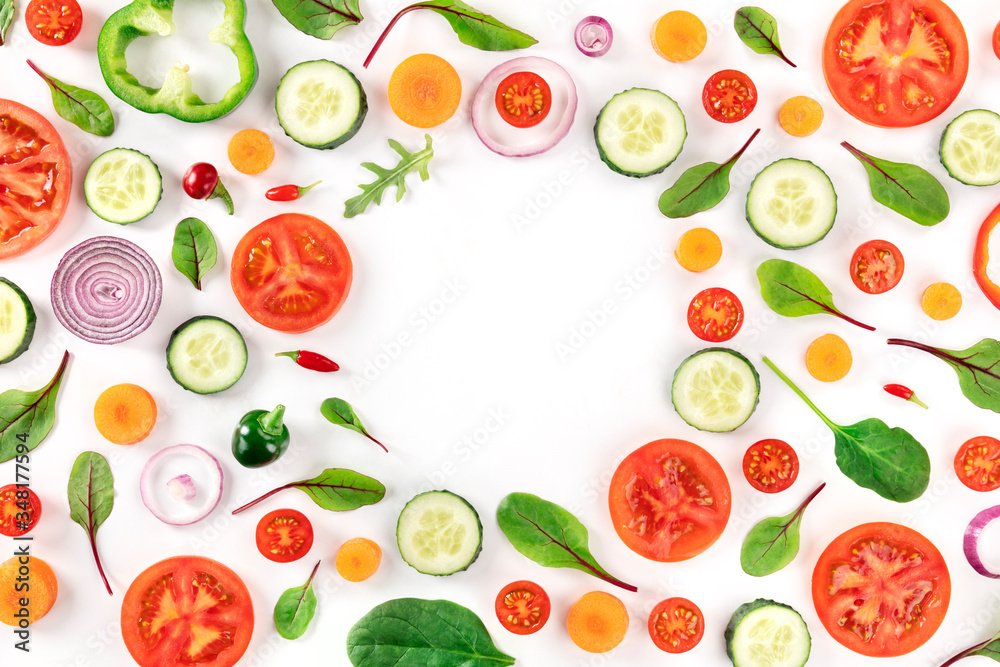 Fresh summer vegetables design, a flat lay on a white background, vibrant food frame, shot from above with copy space Fresh summer vegetables design, a flat lay on a white background, vibrant food frame, shot from above with copy space