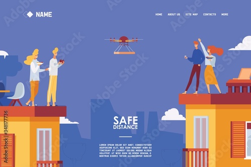 Safe distation of neighbours in various multi-story houses. Sharing food via contactless delivery with drone. Happy urban city scene landing page or banner template
