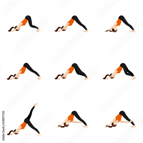 Downward facing dog variations yoga asanas set/ Illustration stylized woman practicing adho mukha svanasana
