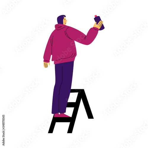 Man in hoodie standing on ladder and drawing graffiti artwork vector illustration
