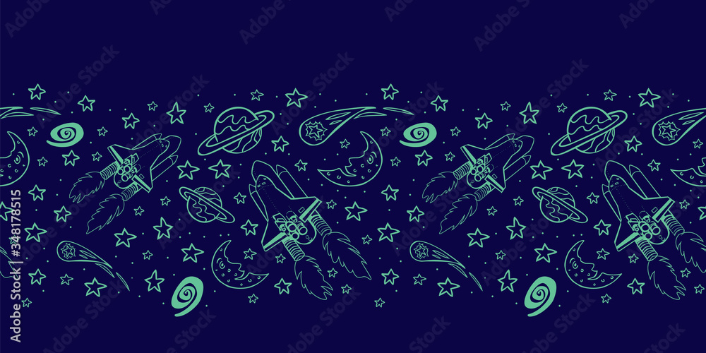 Vector blue outlines space shuttle blast off with stars, moon and comet monochrome horizontal border pattern. Great for kids wall murals. Vector blue outlines space shuttle blast off with stars, moon and comet monochrome horizontal border pattern. Great for kids wall murals.