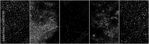 Set of distressed white grainy texture. Dust overlay textured. Grain noise particles. Snow effects pack. Rusted black background. Vector illustration, EPS 10.   