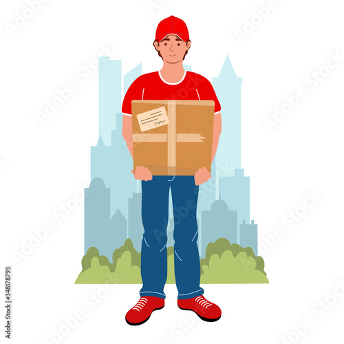 Courier with the package on the city background. Male courier character with box. Safety home and quarantine concept. Vector illustration in flat style. Delivery and service concept.