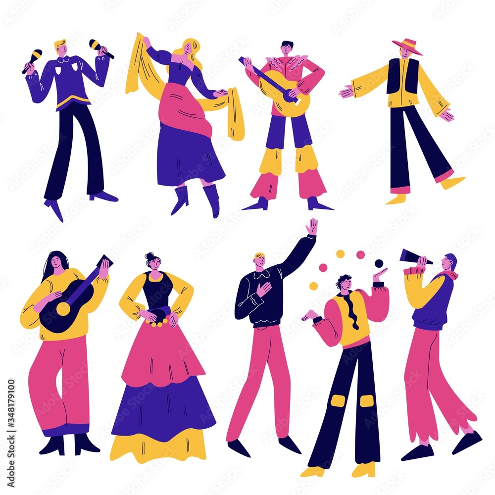 People street atrists and musicians in bright costumes during performance vector illustration