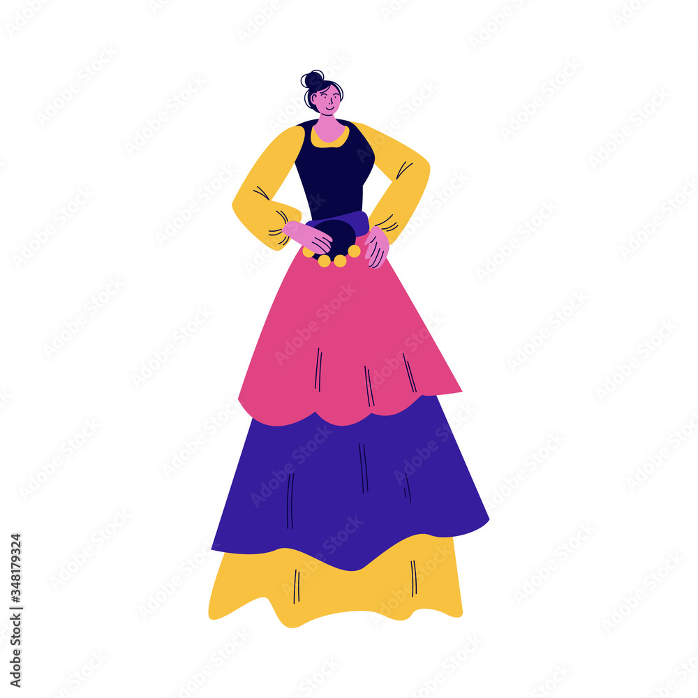 Woman street atrist in bright costume dancing with tambourine vector illustration Woman street atrist in bright costume dancing with tambourine vector illustration