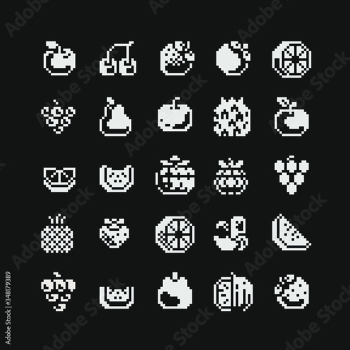 Black and white pixel art 1-bit fruits icons set, strawberries, pear, grapes, banana, apple, pineapple and cherry. Design for logo, sticker and mobile app. Isolated vector illustration.
