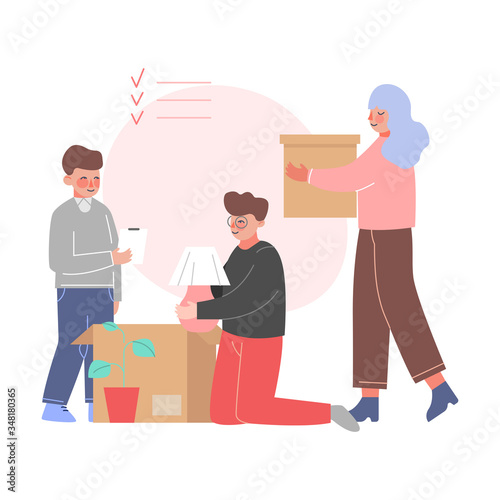 Mom, Dad and Son Packing Boxes in Room, Family Relocating to New Apartment Vector Illustration