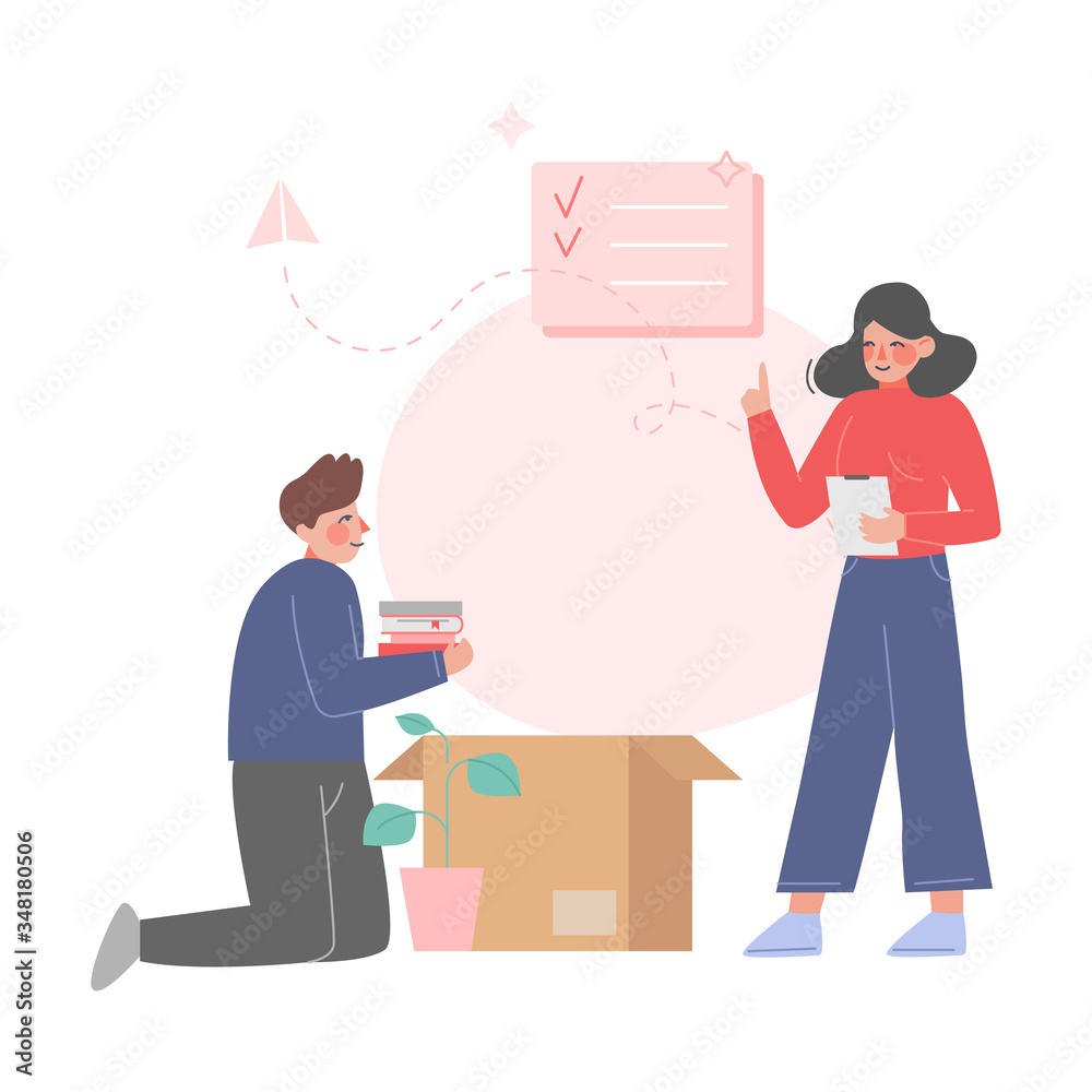 Family Couple Packing or Unpacking Belongings in Cardboard Boxes, Man and Woman Relocating to New Home Vector Illustration Family Couple Packing or Unpacking Belongings in Cardboard Boxes, Man and Woman Relocating to New Home Vector Illustration