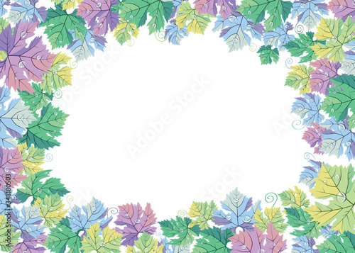 Pastel colors vector grape leaves and vine on white border frame ornament illustration. For wine bar menu, wedding card decoration. A4 international paper format with free blank copy space for text