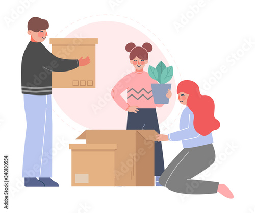 Dad, Mom and their Daughter Packing Boxes in Room, Family Relocating to New Home Vector Illustration