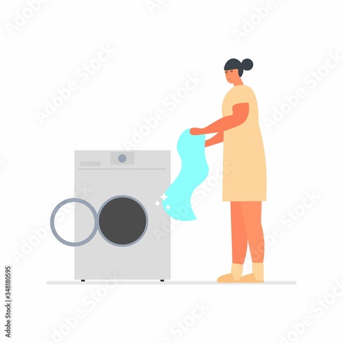 A woman washed clothes in a washing machine. Fresh clean linen. Cartoon vector illustration