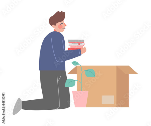 Young Man Sitting on Knees Packing his Stuff Preparing for Relocation, Guy Moving to New Home Vector Illustration