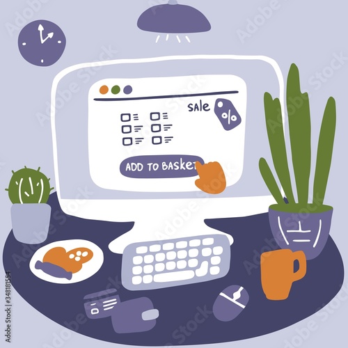 Online shopping. Shopping in Internet, online store. Desktop with computer, keyboard and mouse. Stay home concept. Flat vector illustration