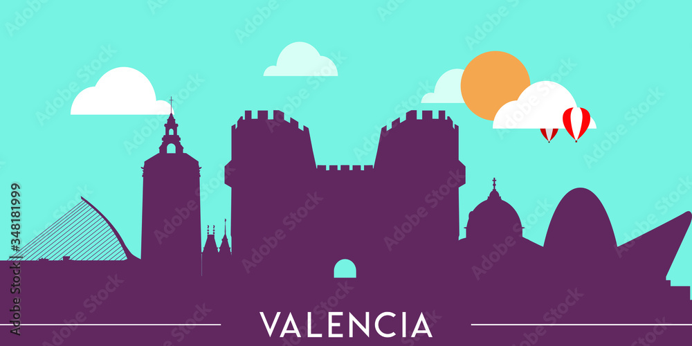 Valencia skyline silhouette flat design vector illustration