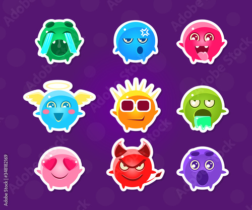 Cute Funny Monsters Stickers with Different Emotions Collection, Little Colorful Emoticons Cartoon Characters Vector Illustration