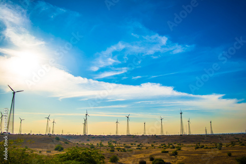 Windmills in Jaisalmer desert area, view from Bara bagh Jaisalmer, Rajasthan India 