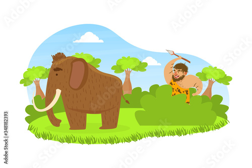 Prehistoric Caveman Sitting in Ambush with Spear  Primitive Man Hunting for Mammoth on Stone Age Natural Landscape Vector Illustration