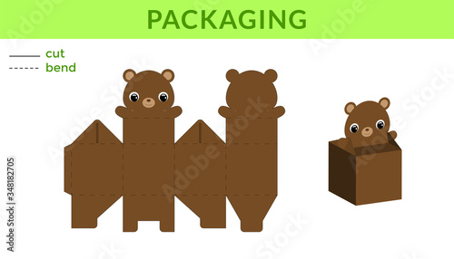 Adorable DIY party favor box for birthdays, baby showers with cute bear for sweets, candies, small presents. Printable color scheme. Print, cut out, fold, glue. Vector stock illustration.