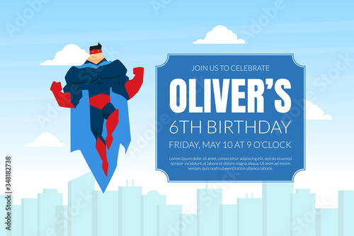 Superhero Birthday Invitation Card Template, Brave Muscular Superhero Character in Blue Waving Cloak Flying over City Vector Illustration