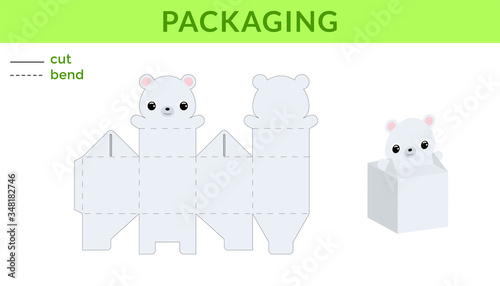 Adorable DIY party favor box for birthdays, baby showers with cute polar bear for sweets, candies, small presents. Printable color scheme. Print, cut out, fold, glue. Vector stock illustration.