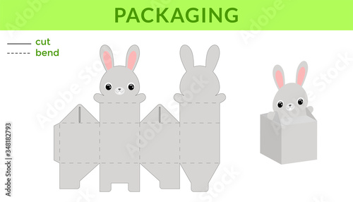 Adorable DIY party favor box for birthdays, baby showers with cute rabbit for sweets, candies, small presents. Printable color scheme. Print, cut out, fold, glue. Vector stock illustration.