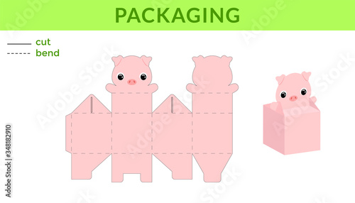 Adorable DIY  party favor box for birthdays, baby showers with cute pig for sweets, candies, small presents. Printable color scheme. Print, cut out, fold, glue. Vector stock illustration.