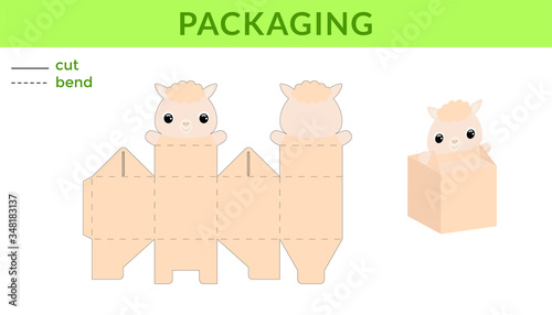 Adorable DIY party favor box for birthdays, baby showers with cute alpaca for sweets, candies, small presents. Printable color scheme. Print, cut out, fold, glue. Vector stock illustration.